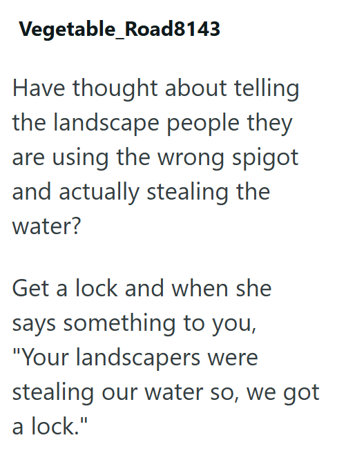 Vegetable_Road8143 Have thought about telling the landscape people they are using the wrong spigot and actually stealing the water? Get a lock and when she says something to you, "Your landscapers were stealing our water so, we got a lock."