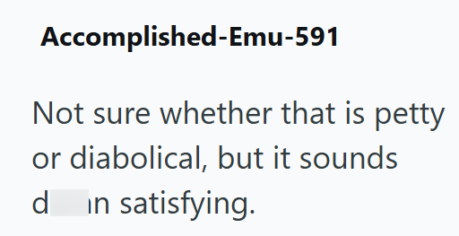 Accomplished-Emu-591 Not sure whether that is petty or diabolical, but it sounds d in in satisfying.