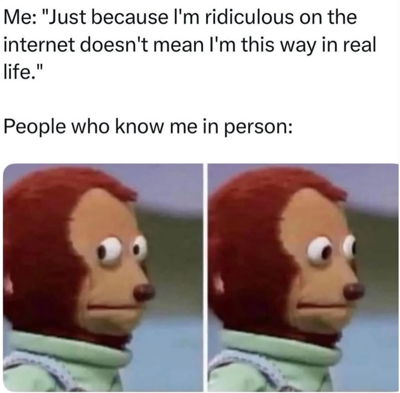 Me: "Just because I'm ridiculous on the internet doesn't mean I'm this way in real life." People who know me in person: