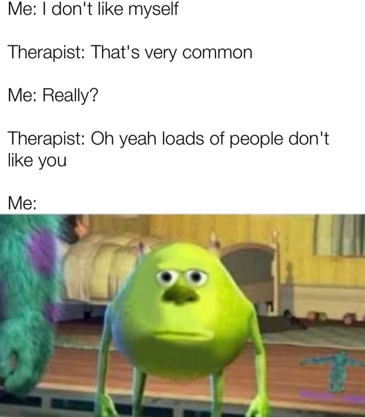 Me: I don't like myself Therapist: That's very common Me: Really? Therapist: Oh yeah loads of people don't like you Me: