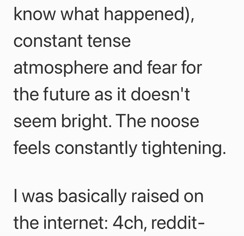 know what happened), constant tense atmosphere and fear for the future as it doesn't seem bright. The noose feels constantly tightening. I was basically raised on the internet: 4ch, reddit-