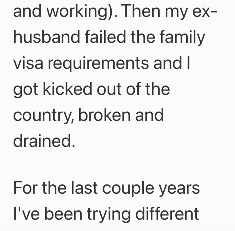 and working). Then my ex- husband failed the family visa requirements and I got kicked out of the country, broken and drained. For the last couple years I've been trying different