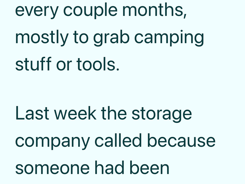 every couple months, mostly to grab camping stuff or tools. Last week the storage company called because someone had been