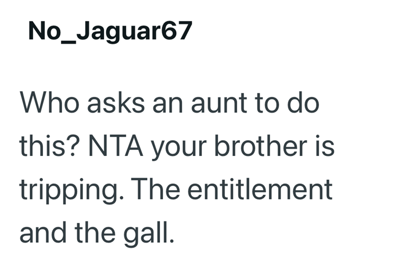 No_Jaguar67 Who asks an aunt to do this? NTA your brother is tripping. The entitlement and the gall.
