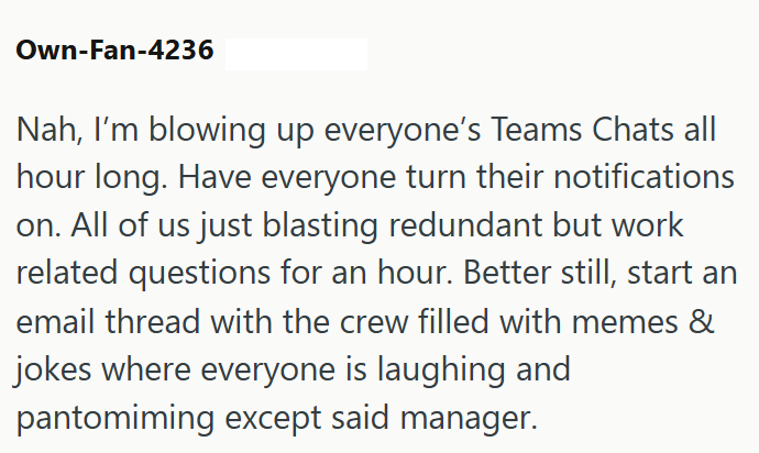 Own-Fan-4236 Nah, I'm blowing up everyone's Teams Chats all hour long. Have everyone turn their notifications on. All of us just blasting redundant but work related questions for an hour. Better still, start an email thread with the crew filled with memes & jokes where everyone is laughing and pantomiming except said manager.