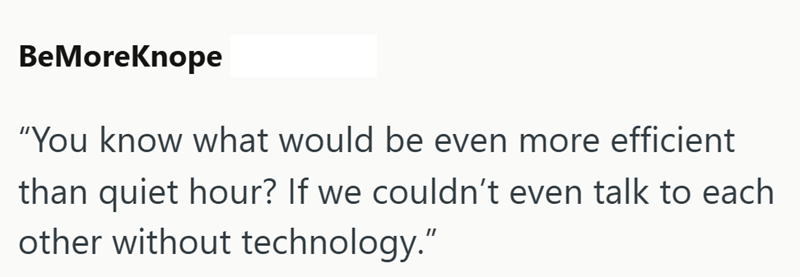 BeMoreKnope "You know what would be even more efficient than quiet hour? If we couldn't even talk to each other without technology."