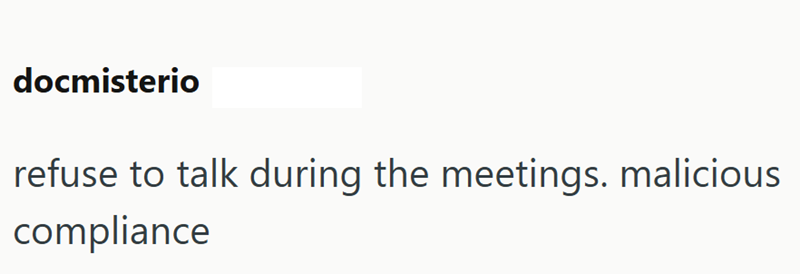 docmisterio refuse to talk during the meetings. malicious compliance