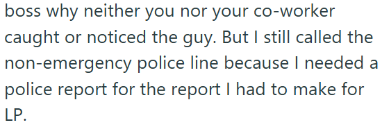 boss why neither you nor your co-worker caught or noticed the guy. But I still called the non-emergency police line because I needed a police report for the report I had to make for LP.