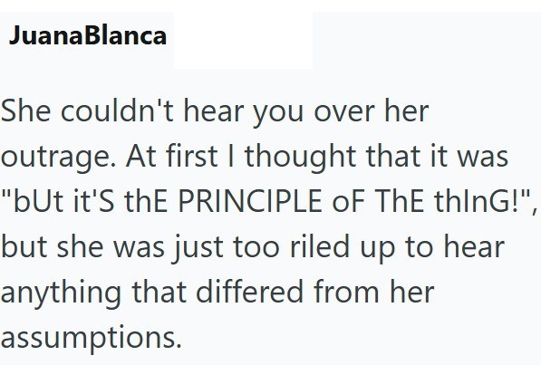 JuanaBlanca She couldn't hear you over her outrage. At first I thought that it was "but it's thE PRINCIPLE OF THE thinG!", but she was just too riled up to hear anything that differed from her assumptions.