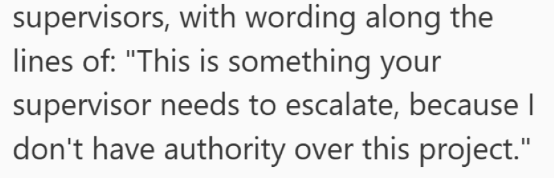 supervisors, with wording along the lines of: "This is something your supervisor needs to escalate, because I don't have authority over this project."