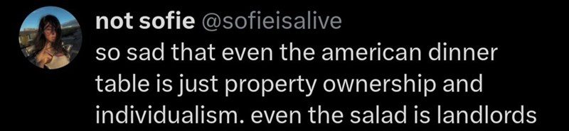 not sofie @sofieisalive so sad that even the american dinner table is just property ownership and individualism. even the salad is landlords
