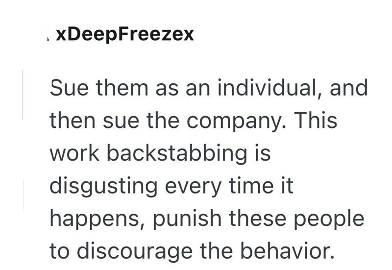 .xDeepFreezex Sue them as an individual, and then sue the company. This work backstabbing is disgusting every time it happens, punish these people to discourage the behavior.