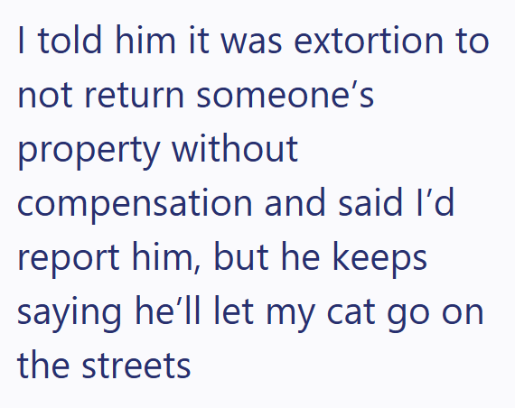 I told him it was extortion to not return someone's property without compensation and said I'd report him, but he keeps saying he'll let my cat go on the streets