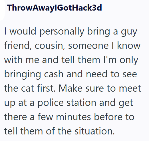 Throw AwaylGotHack3d I would personally bring a guy friend, cousin, someone I know with me and tell them I'm only bringing cash and need to see the cat first. Make sure to meet up at a police station and get there a few minutes before to tell them of the situation.