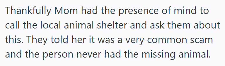 Thankfully Mom had the presence of mind to call the local animal shelter and ask them about this. They told her it was a very common scam and the person never had the missing animal.