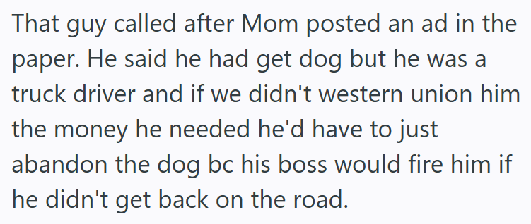 That guy called after Mom posted an ad in the paper. He said he had get dog but he was a truck driver and if we didn't western union him the money he needed he'd have to just abandon the dog bc his boss would fire him if he didn't get back on the road.