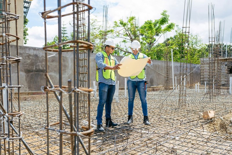 Workers consult plans on newly poured foundations on a brightly lit construction site