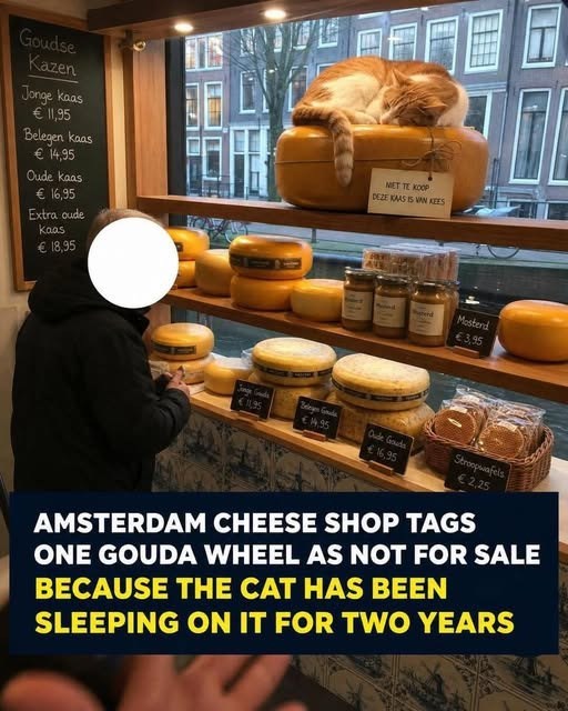 Goudse Kazen Jonge kaas € 11,95 Belegen kaas €14,95 Oude kaas € 16,95 Extra oude Kaas € 18,95 MET TE KOOP DEZE KAAS IS VAN KEES Mostend €3,95 Jonge Grads €11,95 Beleyen Grada €14.95 Oude Gouda €16.95 Stroopwafels €2,25 AMSTERDAM CHEESE SHOP TAGS ONE GOUDA WHEEL AS NOT FOR SALE BECAUSE THE CAT HAS BEEN SLEEPING ON IT FOR TWO YEARS