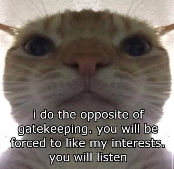 i do the opposite of gatekeeping. you will be forced to like my interests. you will listen
