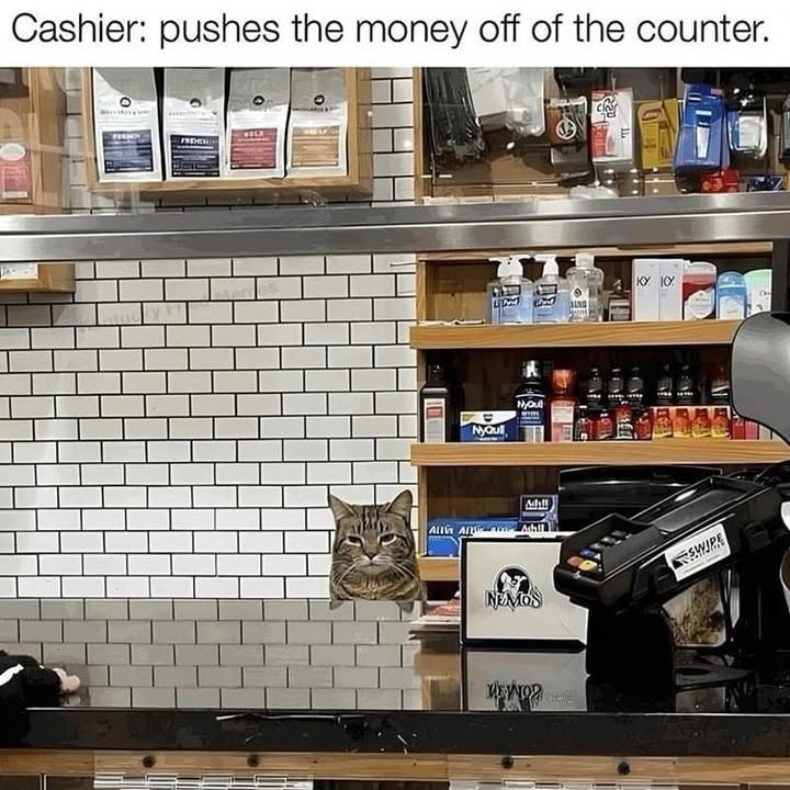 Cashier: pushes the money off of the counter. WELK NyQull NyOul ALL AD Ahil NEMOS ΜΕΝΙΟΣ 180 SWIPE