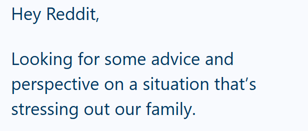 Hey Reddit, Looking for some advice and perspective on a situation that's stressing out our family.