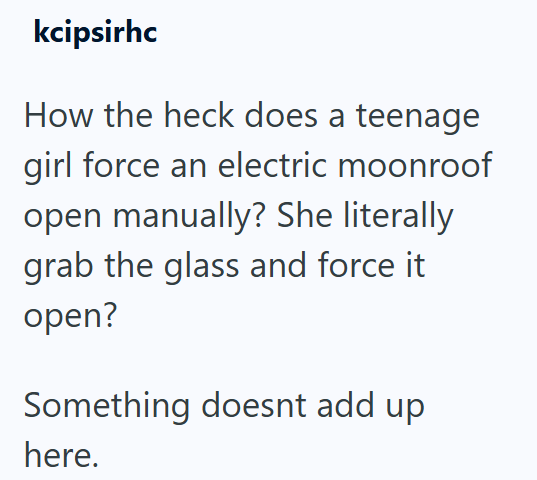 kcipsirhc How the heck does a teenage girl force an electric moonroof open manually? She literally grab the glass and force it open? Something doesnt add up. here.