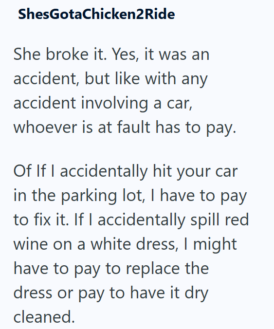ShesGotaChicken2Ride She broke it. Yes, it was an accident, but like with any accident involving a car, whoever is at fault has to pay. Of If I accidentally hit your car in the parking lot, I have to pay to fix it. If I accidentally spill red wine on a white dress, I might have to pay to replace the dress or pay to have it dry cleaned.