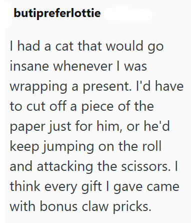 butipreferlottie I had a cat that would go insane whenever I was wrapping a present. I'd have to cut off a piece of the paper just for him, or he'd keep jumping on the roll and attacking the scissors. I think every gift I gave came with bonus claw pricks.