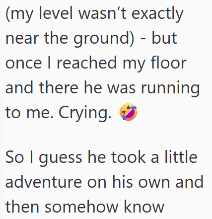 (my level wasn't exactly near the ground) - but once I reached my floor and there he was running to me. Crying. So I guess he took a little adventure on his own and then somehow know