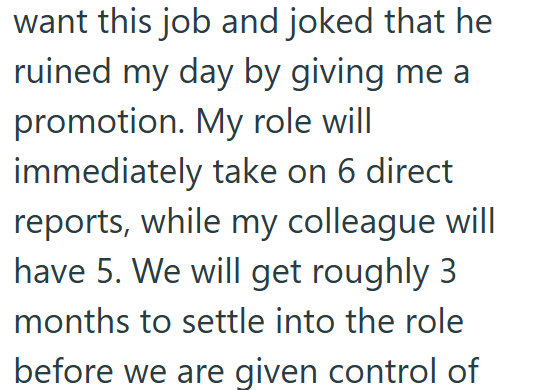 want this job and joked that he ruined my day by giving me a promotion. My role will immediately take on 6 direct reports, while my colleague will have 5. We will get roughly 3 months to settle into the role before we are given control of
