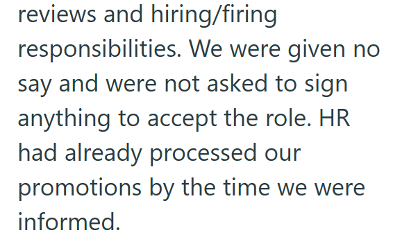 reviews and hiring/firing responsibilities. We were given no say and were not asked to sign anything to accept the role. HR had already processed our promotions by the time we were informed.
