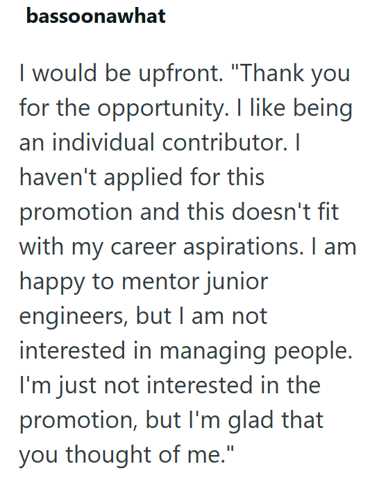 bassoonawhat I would be upfront. "Thank you for the opportunity. I like being an individual contributor. I haven't applied for this promotion and this doesn't fit with my career aspirations. I am happy to mentor junior engineers, but I am not interested in managing people. I'm just not interested in the promotion, but I'm glad that you thought of me."