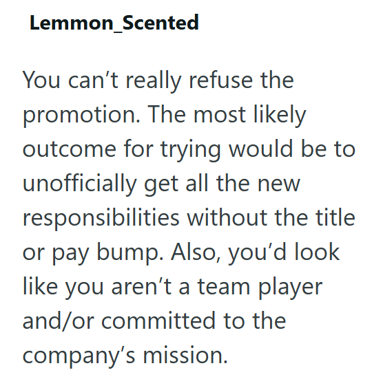 Lemmon_Scented You can't really refuse the promotion. The most likely outcome for trying would be to unofficially get all the new responsibilities without the title or pay bump. Also, you'd look like you aren't a team player and/or committed to the company's mission.
