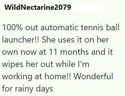Wild Nectarine2079 100% out automatic tennis ball launcher!! She uses it on her own now at 11 months and it wipes her out while I'm working at home!! Wonderful for rainy days