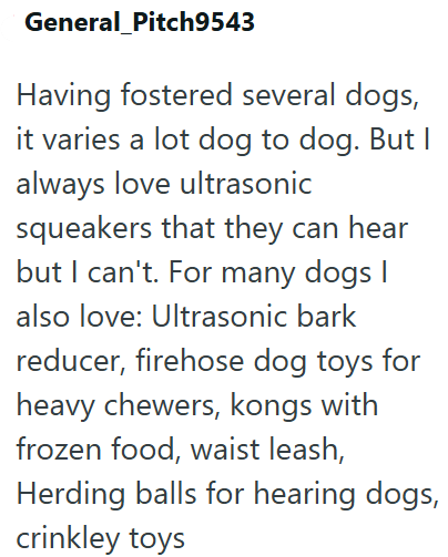 General Pitch9543 Having fostered several dogs, it varies a lot dog to dog. But I always love ultrasonic squeakers that they can hear but I can't. For many dogs I also love: Ultrasonic bark reducer, firehose dog toys for heavy chewers, kongs with frozen food, waist leash, Herding balls for hearing dogs, crinkley toys