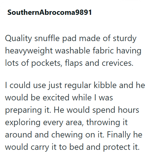 SouthernAbrocoma9891 Quality snuffle pad made of sturdy heavyweight washable fabric having lots of pockets, flaps and crevices. I could use just regular kibble and he would be excited while I was preparing it. He would spend hours exploring every area, throwing it around and chewing on it. Finally he would carry it to bed and protect it.
