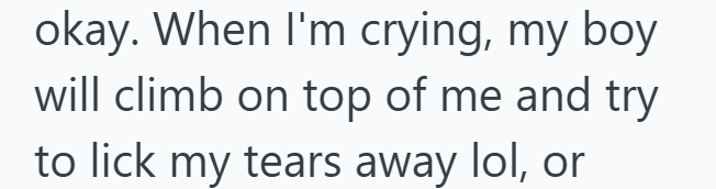 okay. When I'm crying, my boy will climb on top of me and try to lick my tears away lol, or