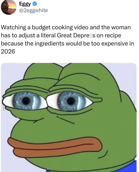 Eggy ⭑ @2eggwhite Watching a budget cooking video and the woman has to adjust a literal Great Depres on recipe because the ingredients would be too expensive in 2026