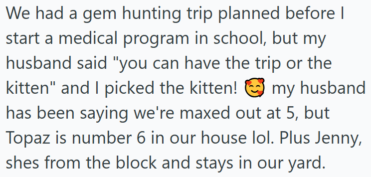 We had a gem hunting trip planned before I start a medical program in school, but my husband said "you can have the trip or the kitten" and I picked the kitten! my husband has been saying we're maxed out at 5, but Topaz is number 6 in our house lol. Plus Jenny, shes from the block and stays in our yard.