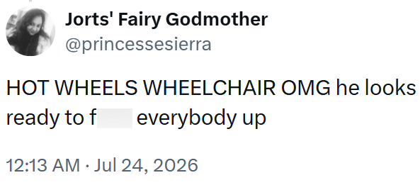 Jorts' Fairy Godmother @princessesierra HOT WHEELS ready to f WHEELCHAIR OMG he looks everybody up 12:13 AM ⚫ Jul 24, 2026 •