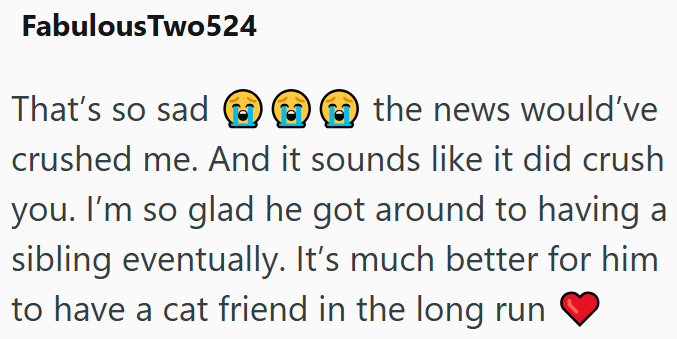 Fabulous Two524 That's so sad the news would've crushed me. And it sounds like it did crush you. I'm so glad he got around to having a sibling eventually. It's much better for him to have a cat friend in the long run
