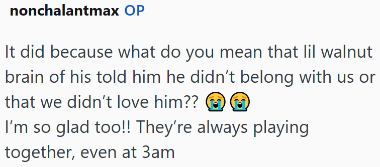 nonchalantmax OP It did because what do you mean that lil walnut brain of his told him he didn't belong with us or that we didn't love him?? ⑲③ I'm so glad too!! They're always playing together, even at 3am