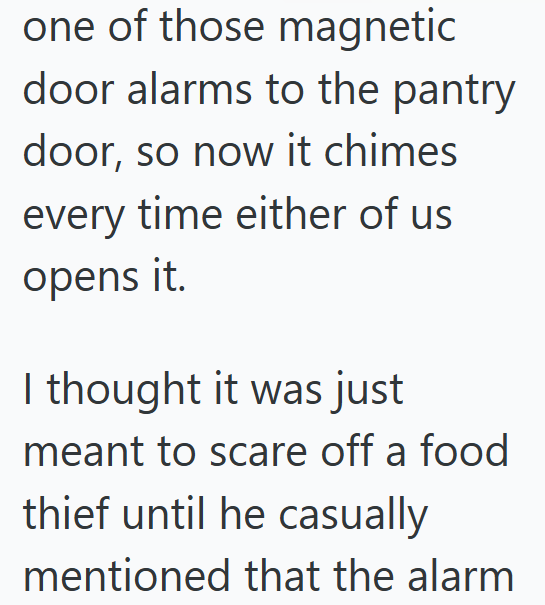 one of those magnetic door alarms to the pantry door, so now it chimes every time either of us opens it. I thought it was just meant to scare off a food thief until he casually mentioned that the alarm