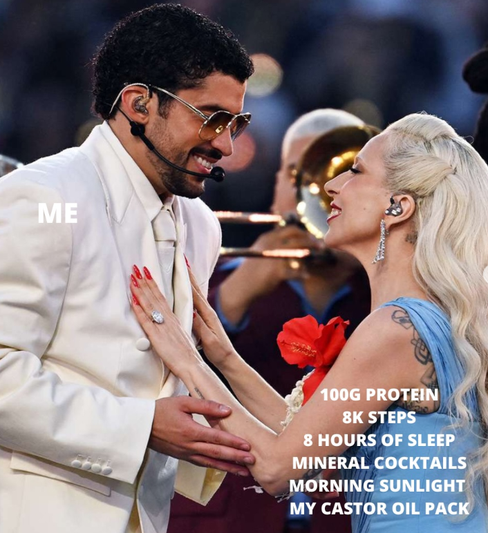 ME 100G PROTEIN 8K STEPS 8 HOURS OF SLEEP MINERAL COCKTAILS MORNING SUNLIGHT MY CASTOR OIL PACK