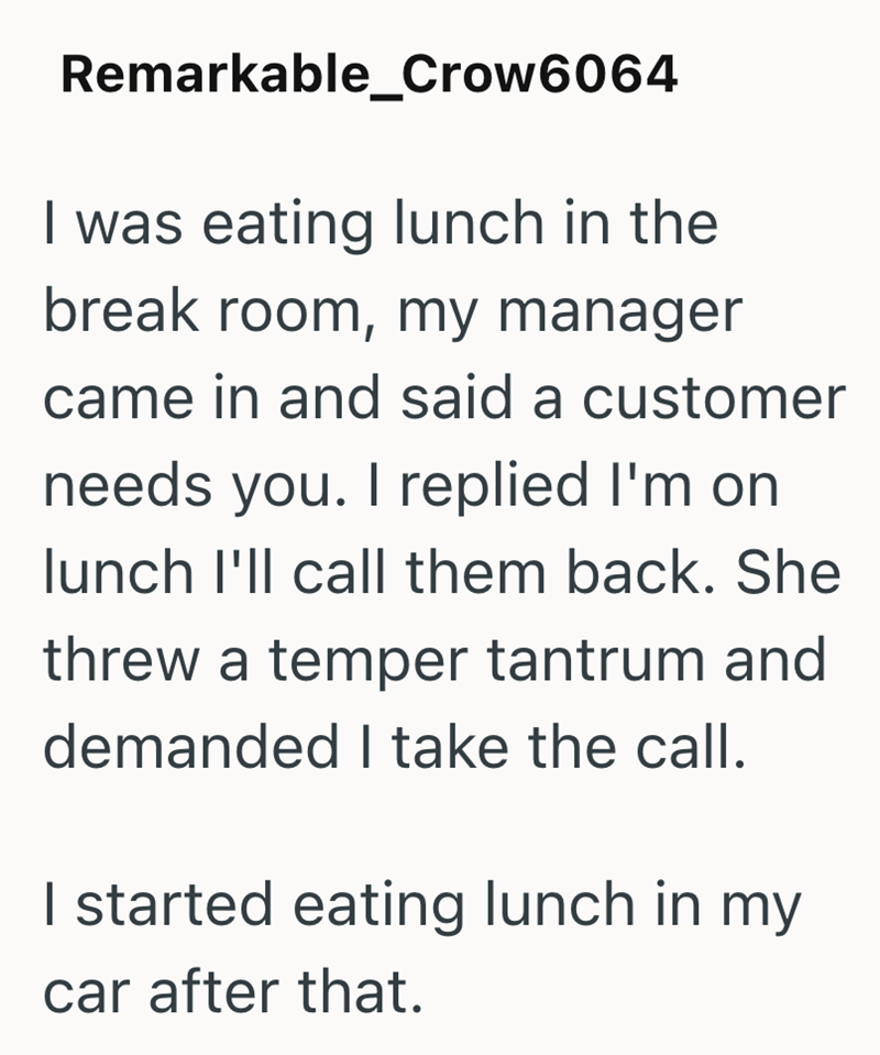 Remarkable_Crow6064 I was eating lunch in the break room, my manager came in and said a customer needs you. I replied I'm on lunch I'll call them back. She threw a temper tantrum and demanded I take the call. I started eating lunch in my car after that.