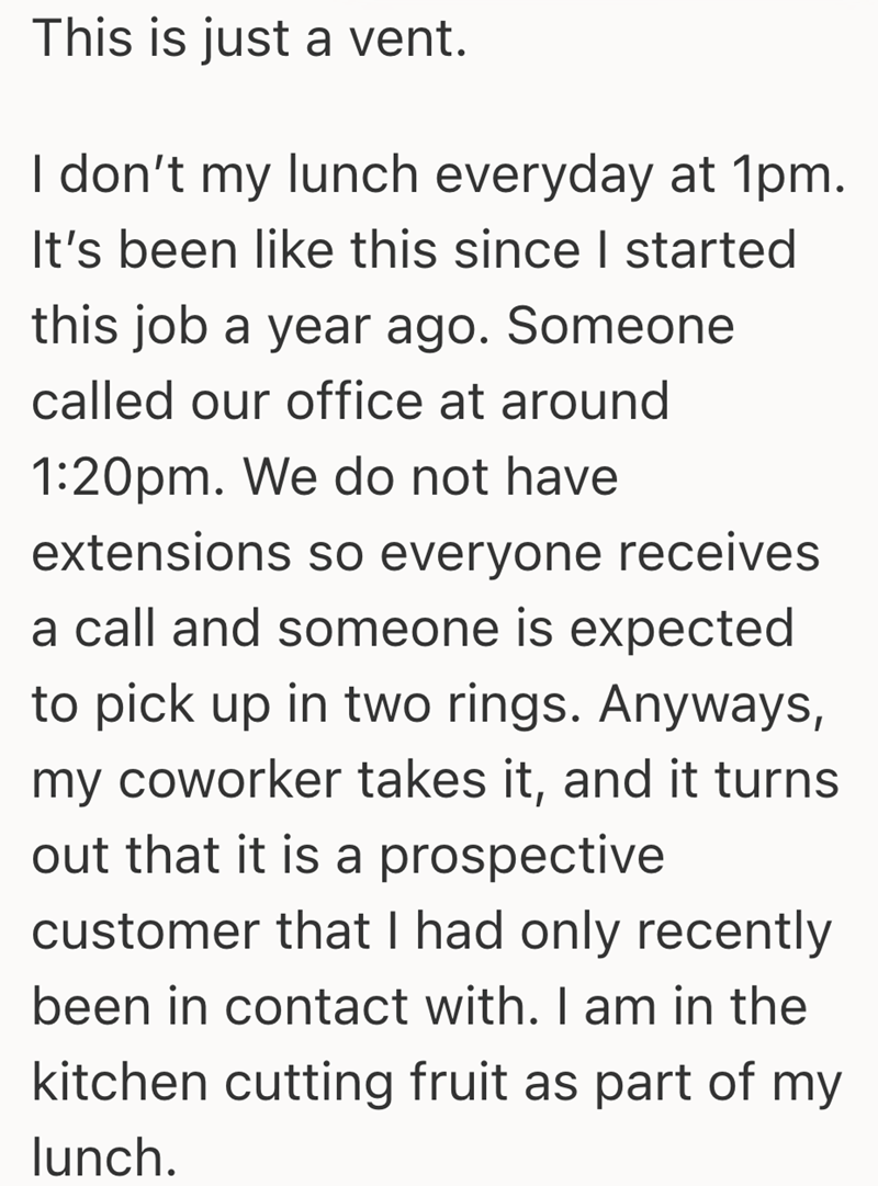 This is just a vent. I don't my lunch everyday at 1pm. It's been like this since I started this job a year ago. Someone called our office at around 1:20pm. We do not have extensions so everyone receives a call and someone is expected to pick up in two rings. Anyways, my coworker takes it, and it turns out that it is a prospective customer that I had only recently been in contact with. I am in the kitchen cutting fruit as part of my lunch.