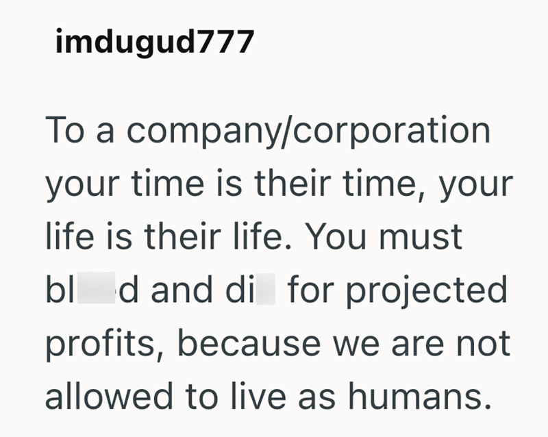 imdugud777 To a company/corporation your time is their time, your life is their life. You must bled and di for projected profits, because we are not allowed to live as humans.