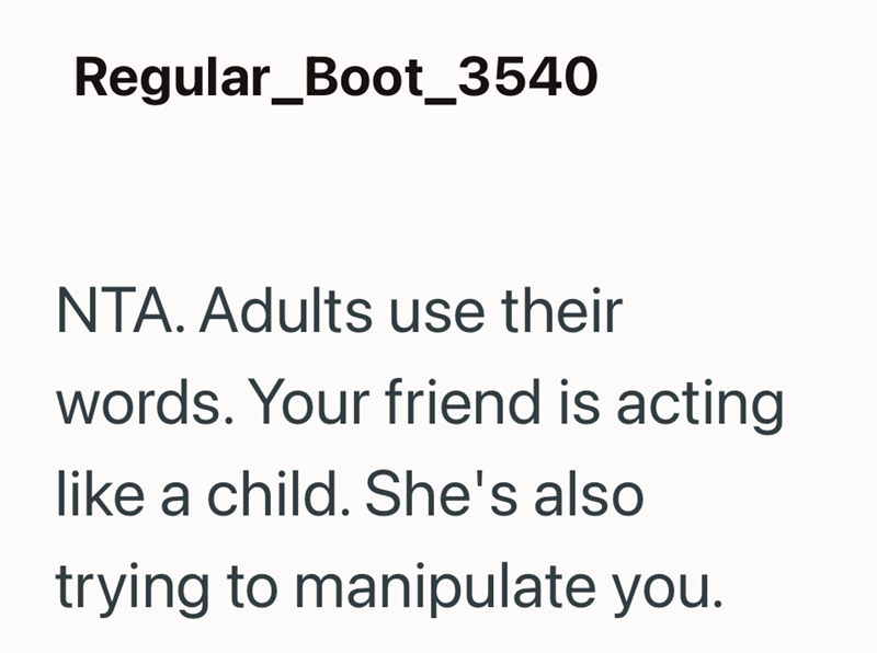 Regular_Boot_3540 NTA. Adults use their words. Your friend is acting like a child. She's also trying to manipulate you.