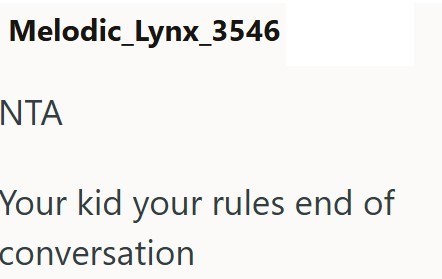 Melodic_Lynx_3546 NTA Your kid your rules end of conversation