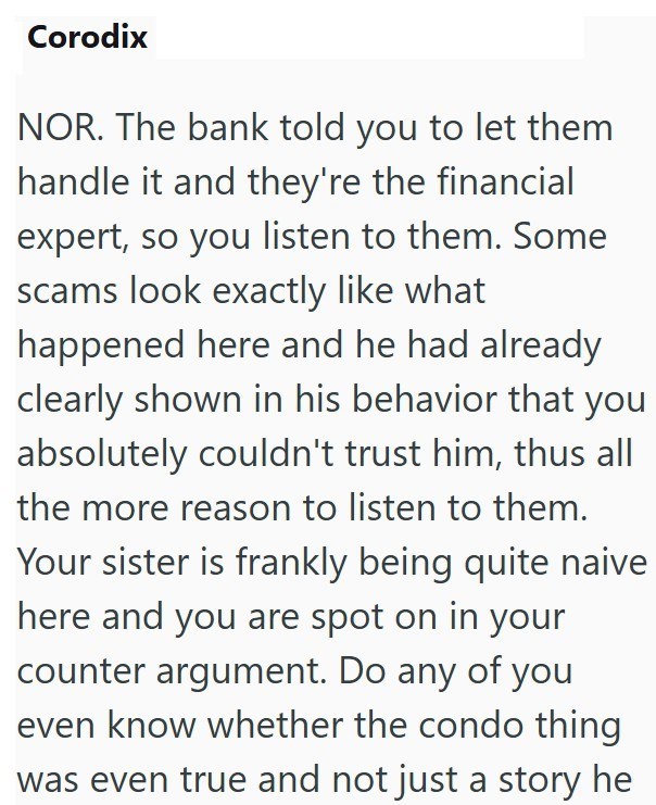 Corodix NOR. The bank told you to let them handle it and they're the financial expert, so you listen to them. Some scams look exactly like what happened here and he had already clearly shown in his behavior that you absolutely couldn't trust him, thus all the more reason to listen to them. Your sister is frankly being quite naive here and you are spot on in your counter argument. Do any of you even know whether the condo thing was even true and not just a story he